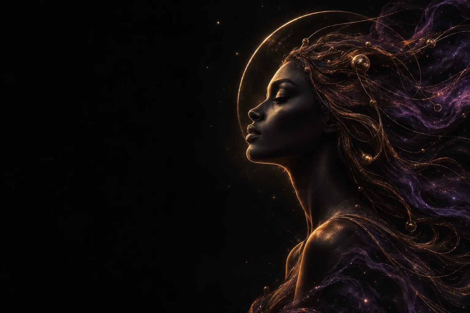 Perfil feminino escultural entre fios de cobre e uma auréola celeste