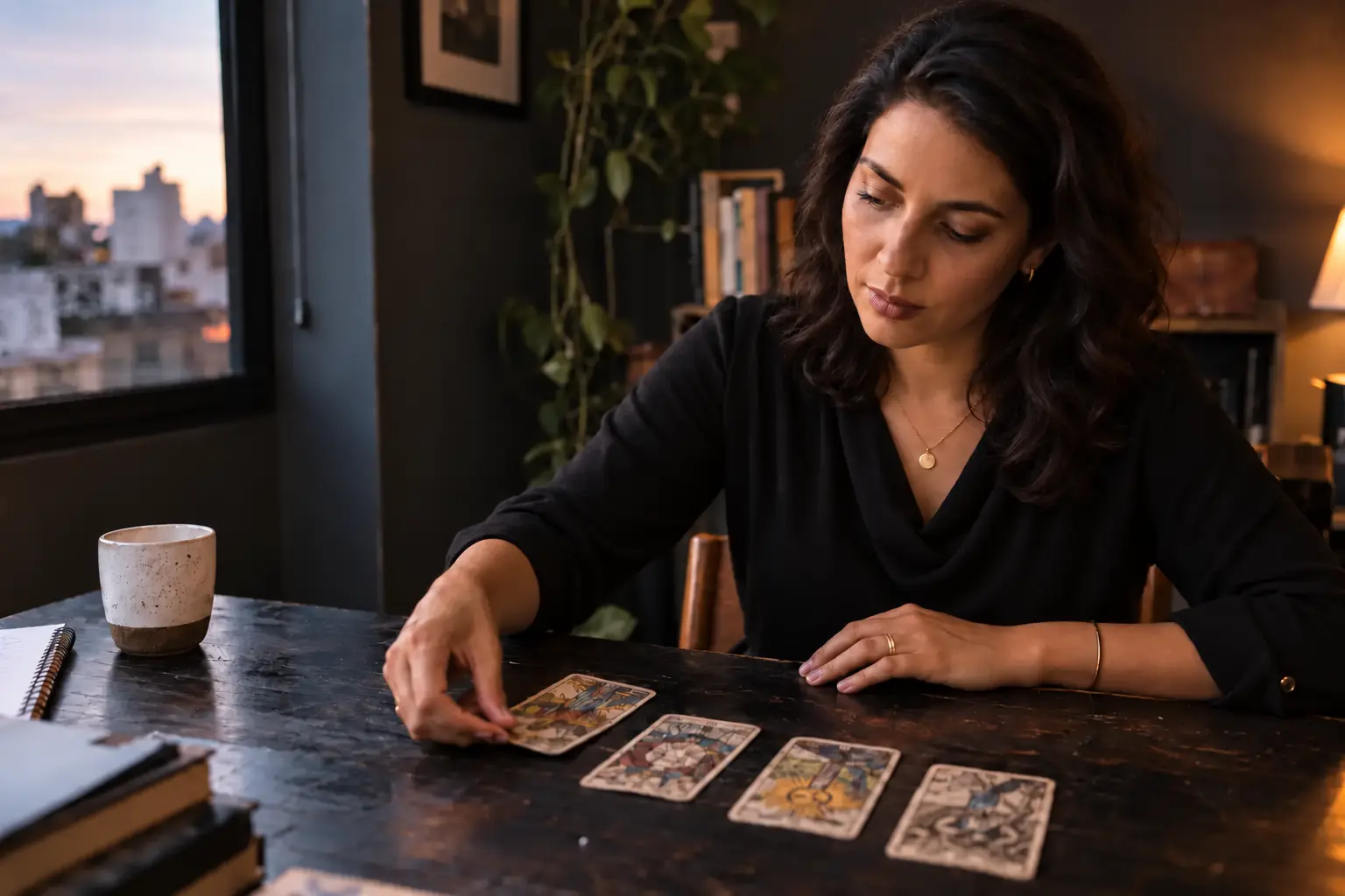 Mulher analisando um jogo de tarot em uma mesa de trabalho